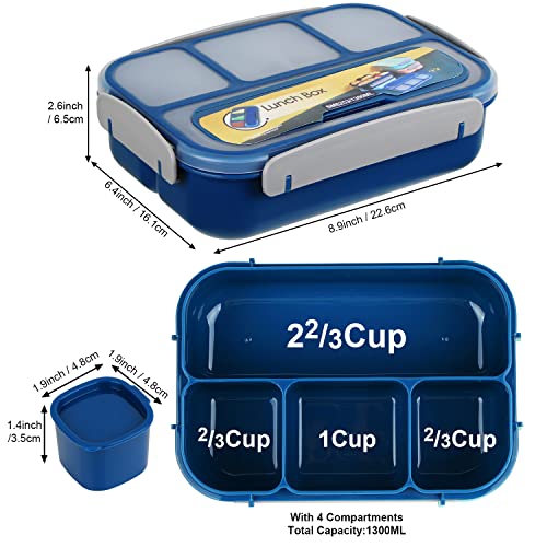 MaMix 1300ML 4-Compartment Bento Lunch Box - Leak-Proof Blue Container