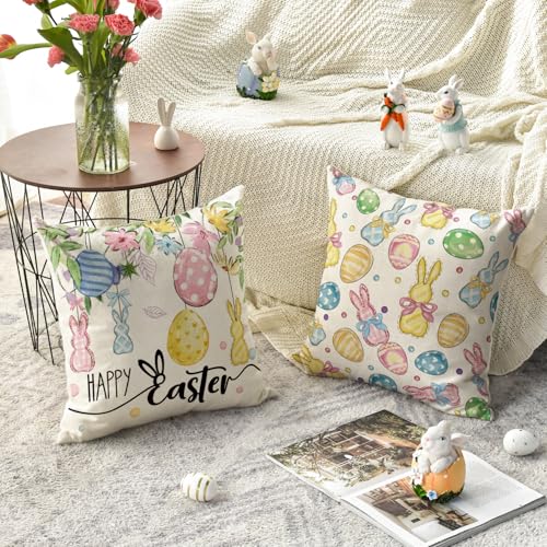 Happy Easter Rabbit Pillow Covers 18x18 Inch Set of 4 - Bunny Kisses & Eucalyptus