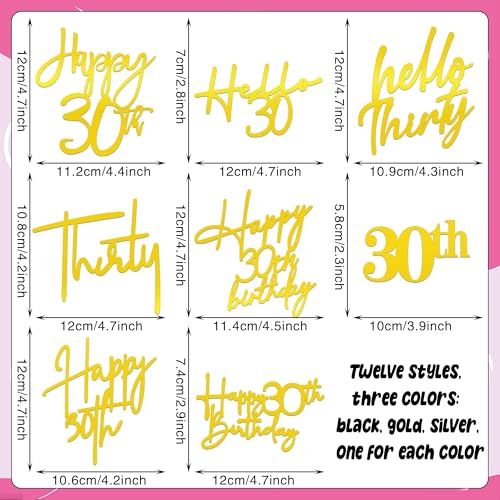 30th Birthday Cake Topper Set - 24 PCS, 8 Styles in Gold, Black & Silver