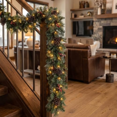 9ft Prelit Christmas Garland with Lights & Timer - Glittered Greenery with Pine Cones & Berries