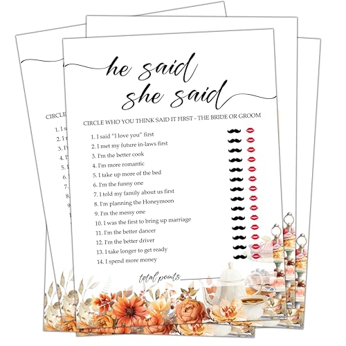 Fall Bridal Shower Games Cards Set - He Said She Said Wedding Party 25 Pack