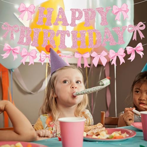 Pink Glitter Bow Happy Birthday Banner - Pre-Strung Party Decor