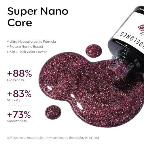 Modelones Glitter Gel Nail Polish Burgundy Red Pastel Soak-Off UV 15ml