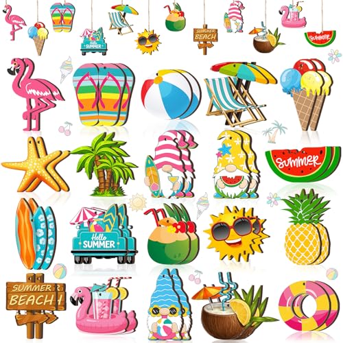 Summer Tree Ornaments Set - 40 Wooden Holiday Decorations for Beach, Gnome, Flamingo, Hawaiian Party