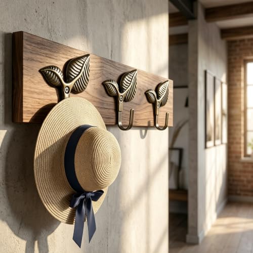 Set of 4 Vintage Leaf Wall Hooks - Antique Bronze Iron Coat & Curtain Hangers