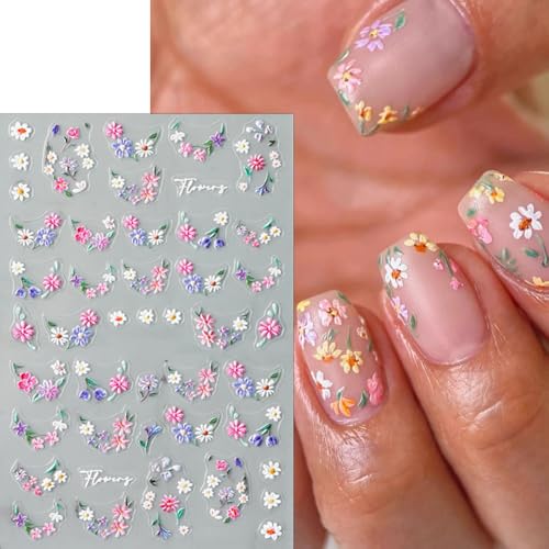 KAICCOSO 3D Embossed Floral Nail Art Stickers Daisy Spring Decals