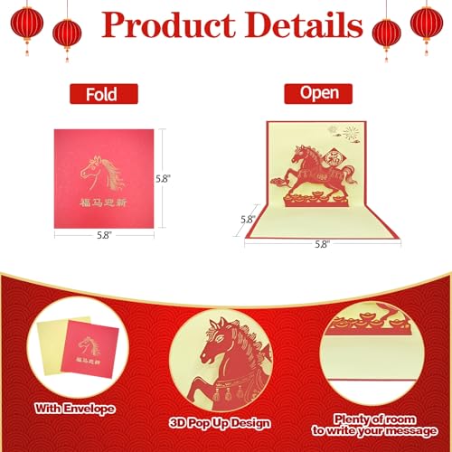 Year of the Horse 3D Pop Up Chinese New Year Card with Envelope