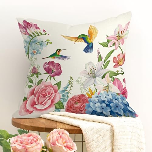 Floral Hummingbird Throw Pillow Covers 18x18 - Set of 4