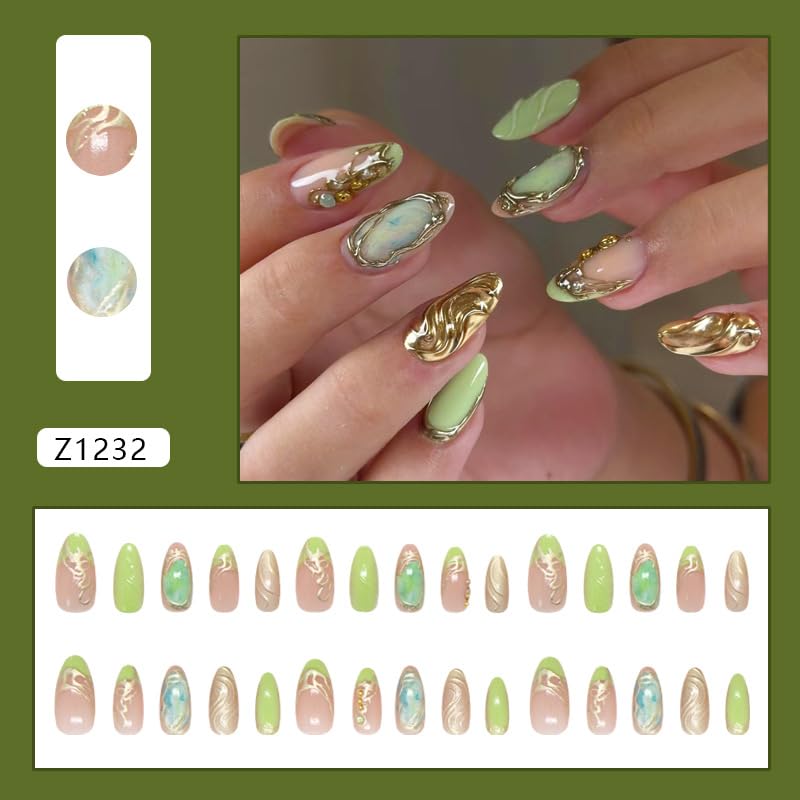 Light Green Press on Nails Medium Almond 3D Gilding Acrylic False Nails
