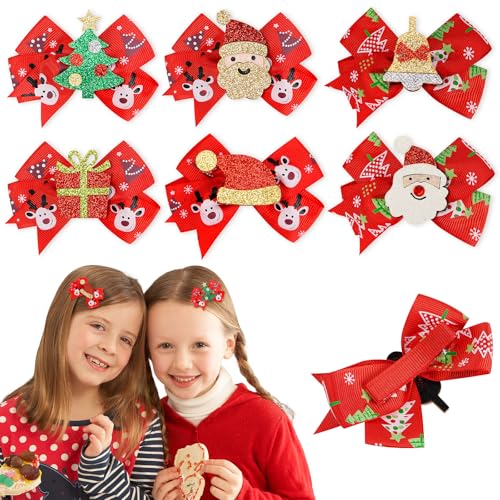 Christmas Hair Bows 6 PCS 3 Inch Grosgrain Ribbon Holiday Clips for Kids