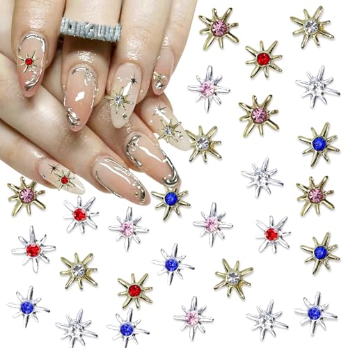 KRTBKR 3D Gold and Silver Star Nail Charms Metallic Studs Rhinestones for Acrylic Nails Manicure