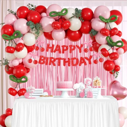 Cherry Birthday Party Decorations with Balloons, Banner & Fringe Curtain