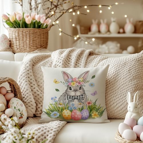 Easter Bunny Floral Pillow Cover 18x18 Inch - Holiday Decor