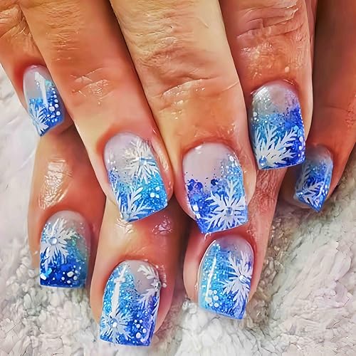SHUXILIN Christmas Blue Press on Nails Short Square Glitter False Nails with Rhinestones