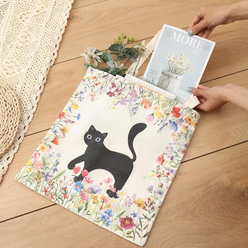Qirrmiy Canvas Tote Bag for Women with Zipper Pocket - Floral & Cat Design