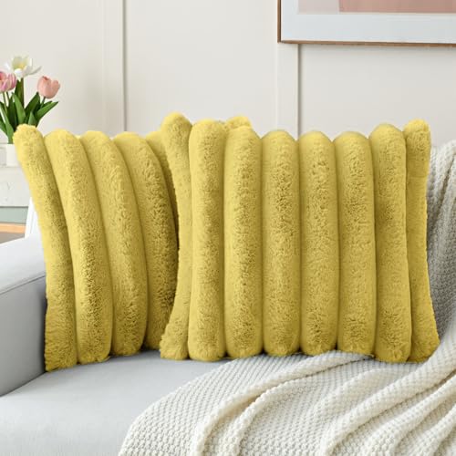 FUTEI Faux Rabbit Fur Throw Pillow Covers - 18x18 in, Mustard Yellow (Pack of 2)
