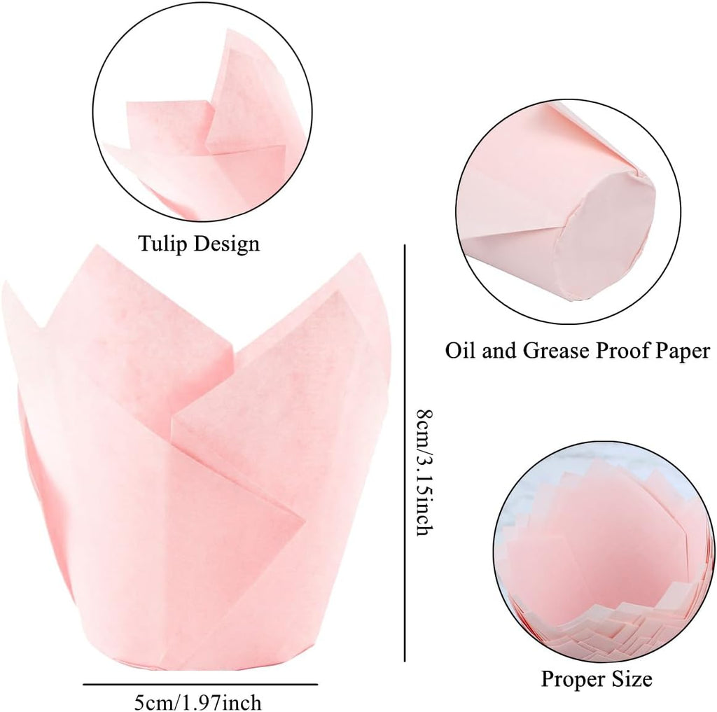 Skiennix Tulip Cupcake Liners - 150 Greaseproof Baking Cups for Parties & Events | Pink