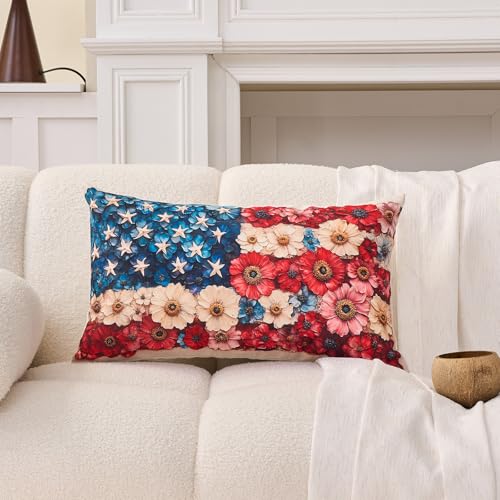 Patriotic Floral American Flag Lumbar Pillow Cover 12x20 Farmhouse Decor