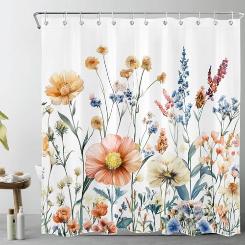 Vintage Wildflower Shower Curtain - Blue & Orange, 72x72 inch