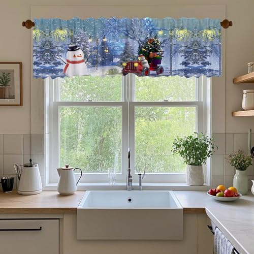 Blue 54x18 Inch 2 Panel Window Valance – Rustic Xmas Snowflake Pine Tree Snowman