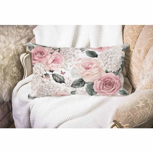 Smooffly Pink Floral Throw Pillow Cover, 12x20" Cotton Linen