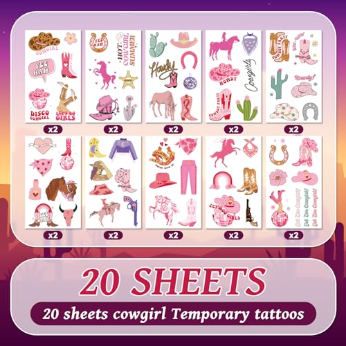 EMOME 20 Sheets Cowgirl Temporary Tattoos for Kids Rodeo Party Favors
