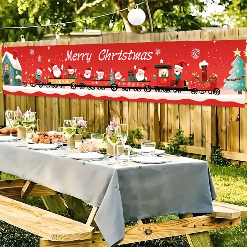 Christmas Train Banner 78.7x17.7 Inch - Santa with Gifts for Outdoor Decor
