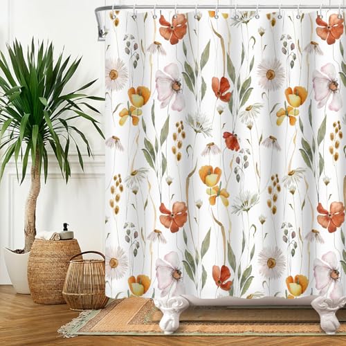 DASHAN Vintage Brown Floral Shower Curtain, 72x72 Inch Botanical Fabric