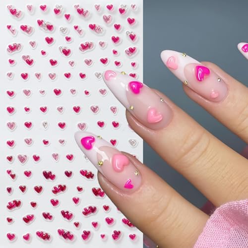 5D Embossed Heart Nail Stickers 4 Sheets Glitter Valentines Nail Art Decals