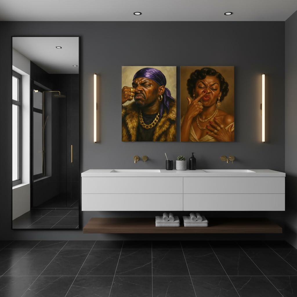 TEOVGKN Funny African American Bathroom Wall Art - Humorous Black Couple Nose Pinching Posters | Framed 12x16 in