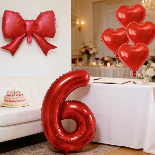 Red Number Balloons Set - 32 Inch Mylar Foil with Bow & Heart