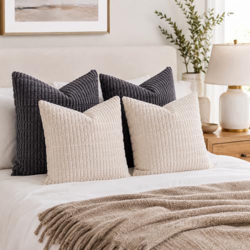 Aegero Pack of 2 Cream White Corduroy 16x16 Inch Decorative Throw Pillow Covers