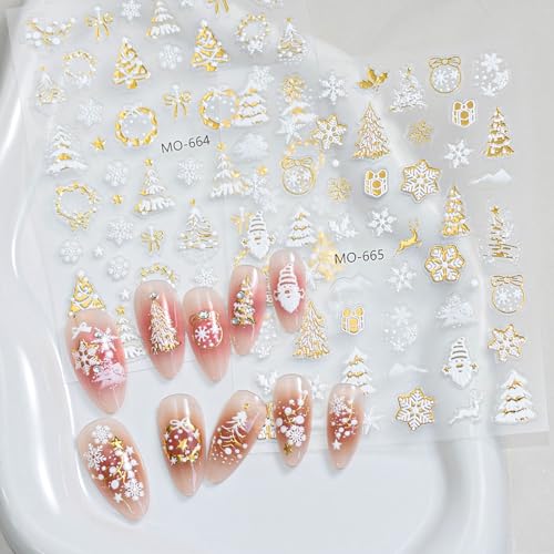 TailaiMei Embossed Christmas Nail Decals Gold Xmas Tree Stickers 3 Sheets