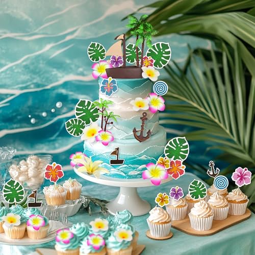 27PCS Tropical Cake Decoration Set - Boat, Coconut Trees & Flowers
