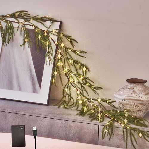 Lighted Norfolk Pine Garland with Fairy Lights - 6FT USB & Battery Operated Christmas Decor - Variation: Norfolk Pine 110L