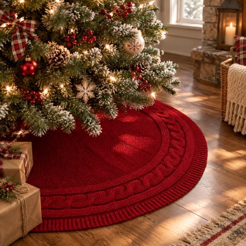 Knit Christmas Tree Skirt - Burgundy Cable Knit Rustic Holiday Decor 36 Inch