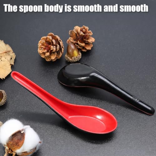 2PCS Asian Soup Spoons Set - Red & Black Melamine for Ramen, Pho