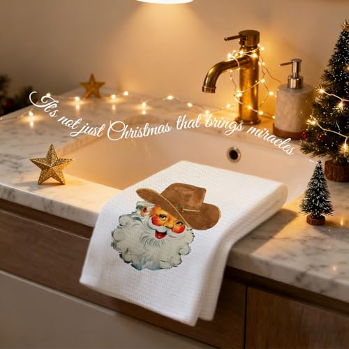 Western Christmas Santa Kitchen Towels - Cowboy Hat Holiday Dish Hand Towels with Variation Sd-4
