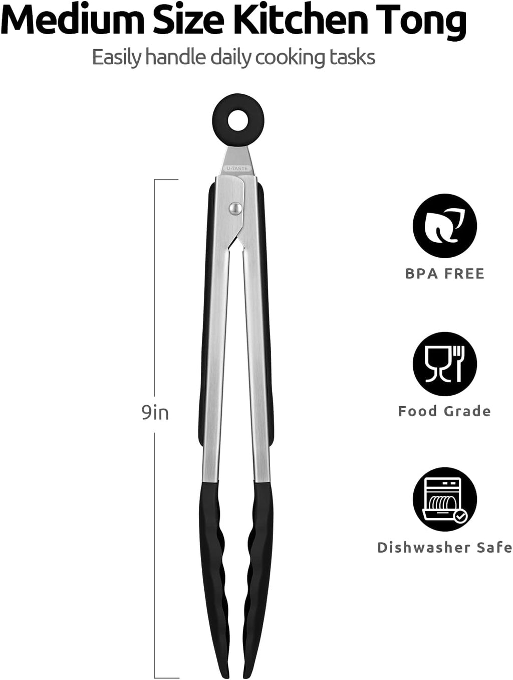U-Taste 9-Inch Silicone Cooking Tongs - 600ºF Heat Resistant with Non-Stick Tips & Stainless Steel Handle | Black