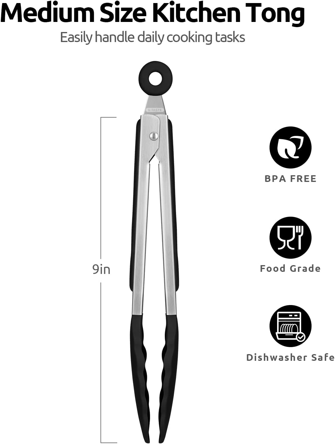 U-Taste 9-Inch Silicone Cooking Tongs - 600ºF Heat Resistant with Non-Stick Tips & Stainless Steel Handle | Black