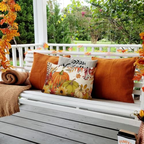 Fall Pumpkin Throw Pillow Cover 12x20 - Rust Maple Leaf Design