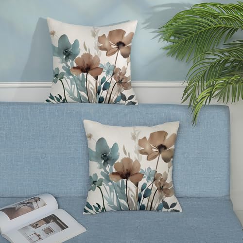 Floral Pillow Covers Set of 2, 16x16 Inch Linen - Blue Brown