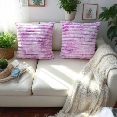Plush Striped Throw Pillow Covers - Tie Dye Purple, 18x18" (Set of 2)