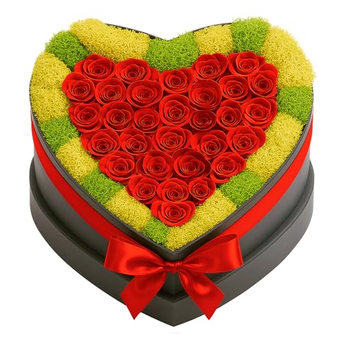 Moss Heart 30 Preserved Roses in Heart-Shaped Box, Real Forever Roses Home Décor Arrangement, Long-Lasting 1+ Year, No Watering, Valentine’s Day, Birthday for Wife, Girlfriend