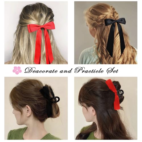 Ahoney 4 Pack Black and Red Satin Hair Bows with Long Tails and Clips