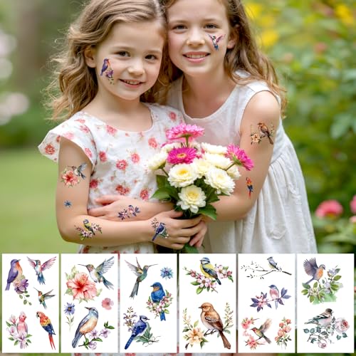 Konsait Bird Temporary Tattoos for Kids - 10 Sheets Hummingbird and Flower Fake Tattoos for Party Favors