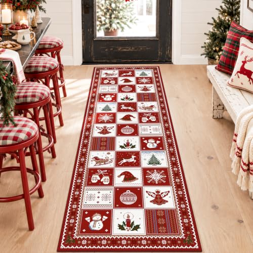 Christmas Runner Rug 2'6"x8' - Red White Patchwork Holiday Decor