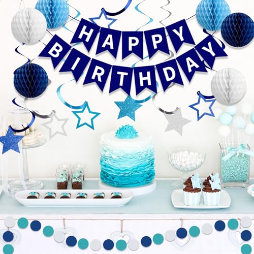 Blue and White Happy Birthday Decoration Set with Glitter Party Supplies