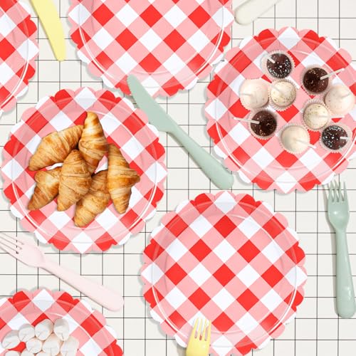 48 Pcs 7" Red Gingham Paper Plates, Disposable Checkered Party Tableware