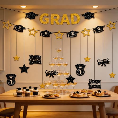 Class of 2026 Graduation Banner Set - Black & Gold Glitter Decor